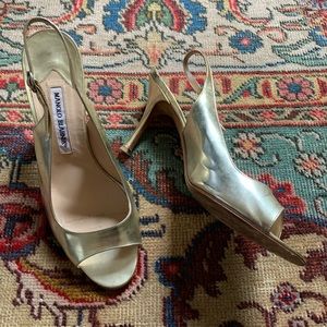 Manolo Blahnik METALLIC Leather Slingback Peep Toe Heels 9.5